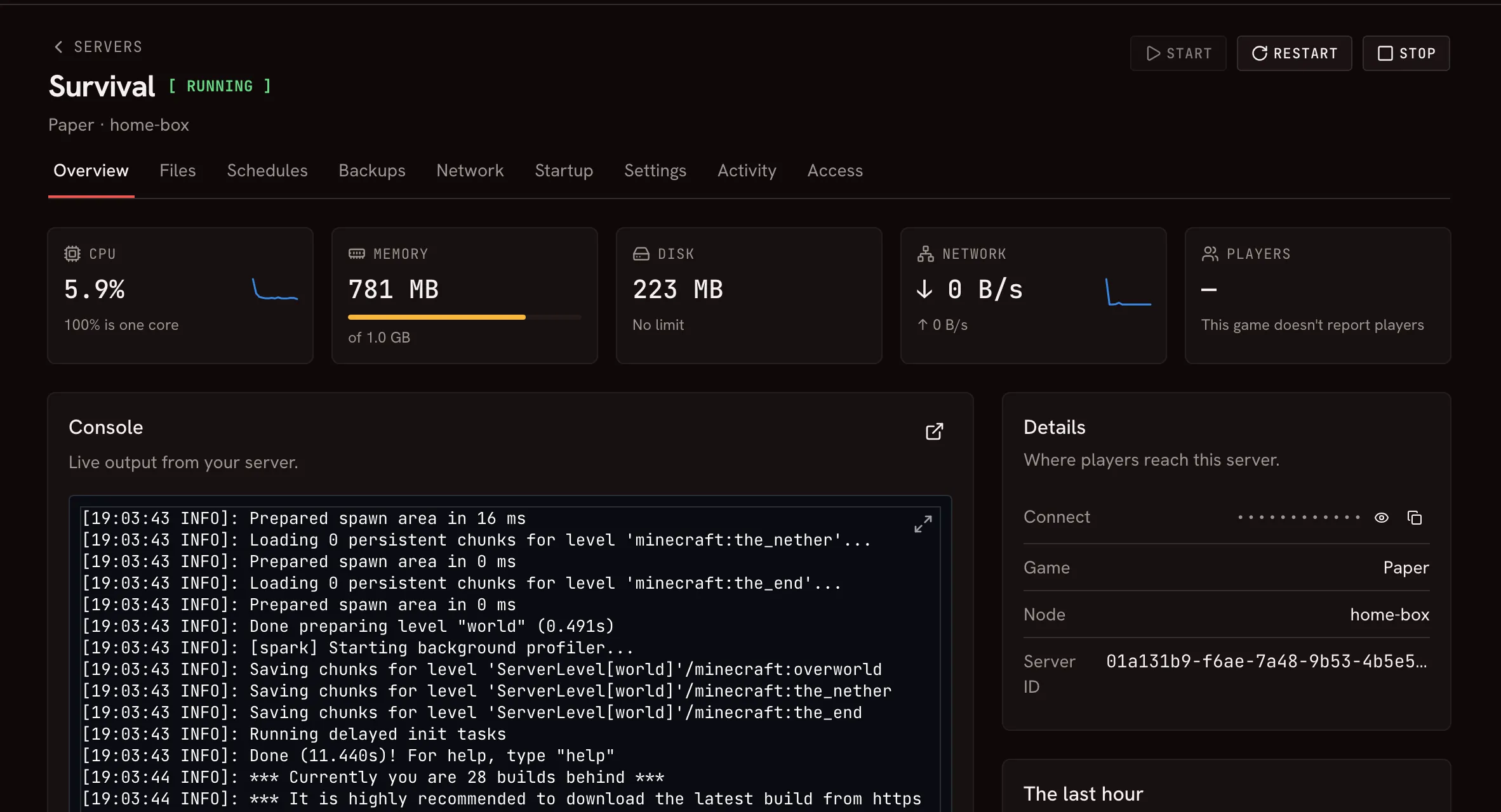 Raptor's page for a Paper server named Survival: running, with CPU, memory, disk, and network readouts above its live console.